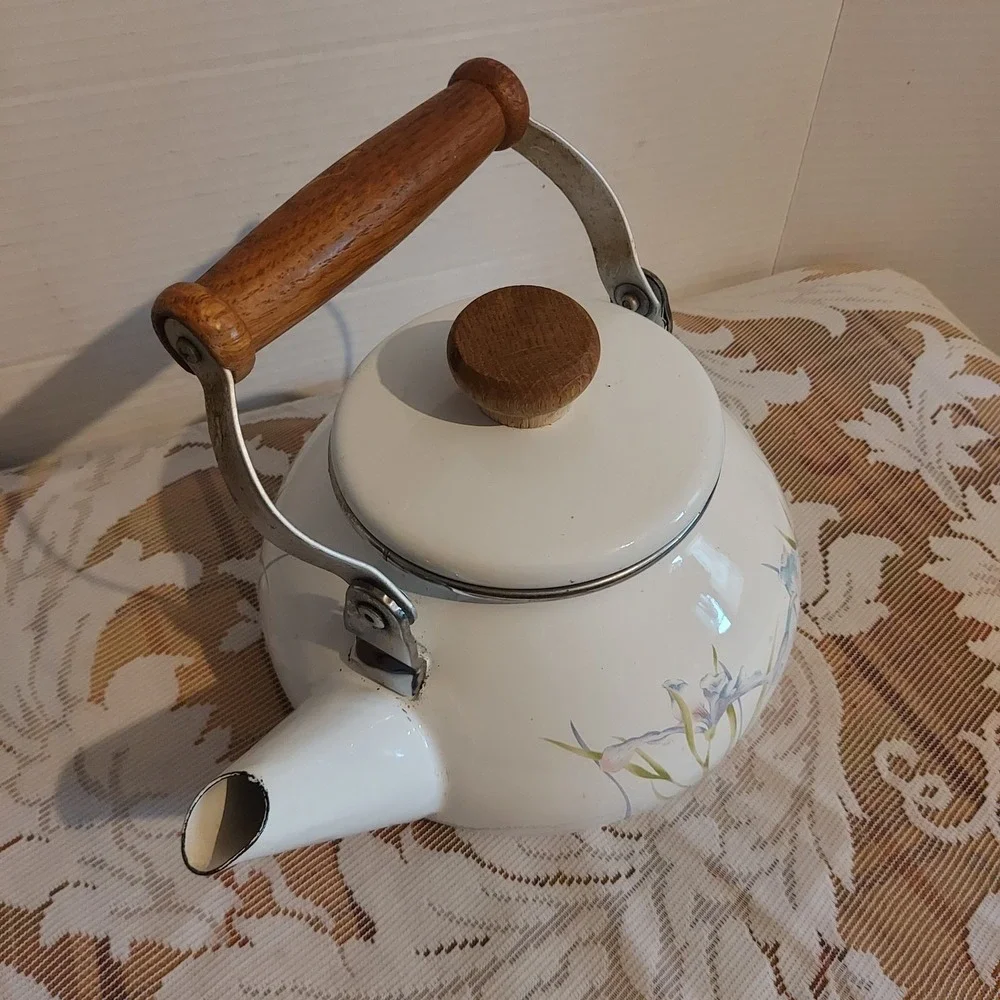 Vintage White Enamel Tea Kettle Purple Iris Floral Wood Handle 6x9 Inch
